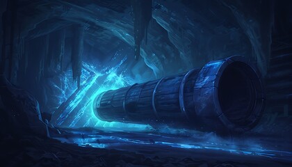 Poster - High-Tech Underground Facility Processing Fossils into Fuel with Mechanical Drills and Glowing Screens