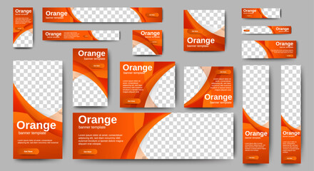 Fototapete - An elegant business web banner template featuring a orange background, complete with an image placeholder and a centralized text area for your message.
