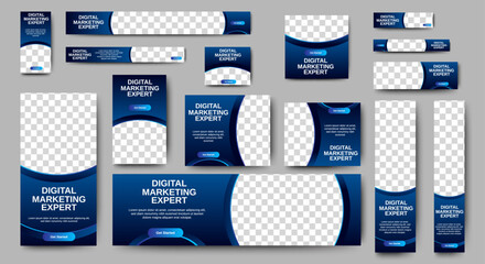 Fototapete - Set of business banner templates with blue background. Modern technology design, abstract background layout with photos. Editable Vector collection corporate banner.