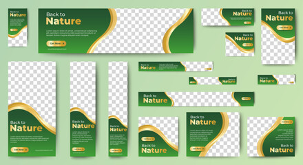 Nature banner design web template Set, Horizontal header web banner. Modern Gradient green cover header background for website design, Social Media Cover ads banner, flyer, invitation card