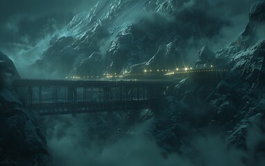 Poster - Futuristic Coal Processing Plant Refining Fossilized Material into High-Efficiency Fuel Amid Mountainous Backdrop
