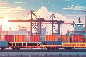 Poster - Loading containers onto a train from a truck at a bustling transport hub under a colorful sunset sky. Generative AI