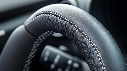 Poster - Close-up of a textured car steering wheel highlighting stitching details.