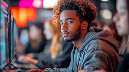 Poster - Young Man Working on Computer in Modern Office Setting