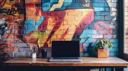 Aufkleber - A sleek laptop rests on a wooden desk, surrounded by creative tools and a colorful graffiti backdrop that enhances the workspace. Generative AI
