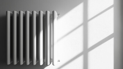 Wall Mural - white radiator stands against a wall,illuminated by sunlight,creating distinct shadows that play across surface in afternoon light,copy space