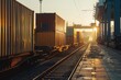 © Анатолий Сав - Containers are being loaded from trucks onto trains at a busy transport hub in the evening light. Generative AI