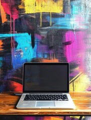 Poster - A sleek laptop sits open on a wooden surface, complemented by a striking, colorful mural in the background, perfect for creativity. Generative AI
