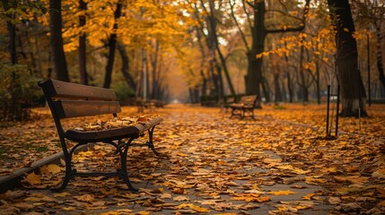 Poster - The pathways of an urban park are blanketed with vibrant fallen leaves, while benches along the sides offer a serene place to relax. Generative AI