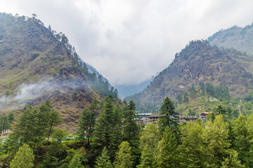 Small villages and colorful local houses nested in the hills of Parvati valley at manikaran, himachal pradesh, India.