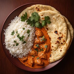 A tempting plate of chicken tikka masala served with fluffy basmati rice and garlic naan, Chicken tikka masala arranged in a circular pattern, Warm tungsten light for a comforting ambiance