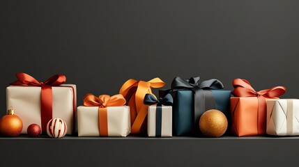 Wrapped gifts with bows and ornaments on dark background.