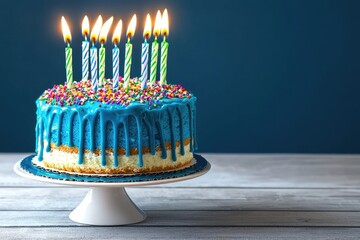 Colorful birthday cake with candles on a wooden table.