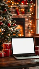 Wall Mural - Festive holiday scene with laptop displaying blank white screen, surrounded by decorated Christmas tree, wrapped gifts, and warm fireplace glow in background.