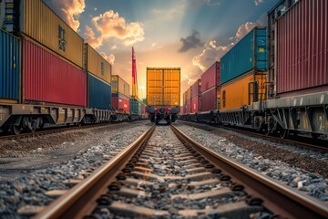 Wall Mural - Containers are being transferred from a truck to a train, highlighting the seamless connection between transport modes. Generative AI