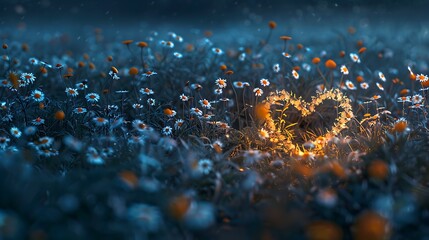 Wall Mural - A few pieces strutting at night in a field of daisies built like a heart