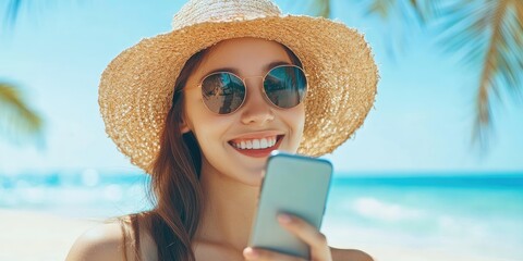 Aufkleber - Social media and digital online concept, woman using smart phone. The concept of living on vacation and playing social media. Social Distancing ,Working From Home concept