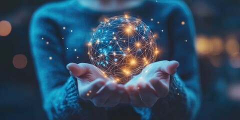 Aufkleber - woman Hand holding virtual Global Internet connection metaverse. Business global internet connection application technology and digital marketing, Financial and banking,