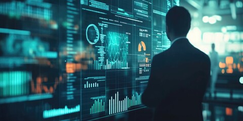 Fototapete - Big data analytics and business intelligence concept with chart and graph icons on a digital screen interface and a businessman in background