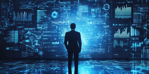 Fototapete - Big data analytics and business intelligence concept with chart and graph icons on a digital screen interface and a businessman in background