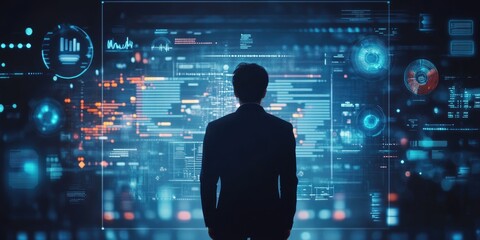 Fototapete - Big data analytics and business intelligence concept with chart and graph icons on a digital screen interface and a businessman in background