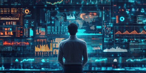 Fototapete - Big data analytics and business intelligence concept with chart and graph icons on a digital screen interface and a businessman in background