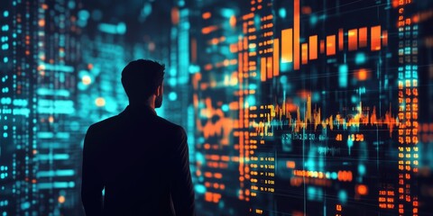 Fototapete - Big data analytics and business intelligence concept with chart and graph icons on a digital screen interface and a businessman in background
