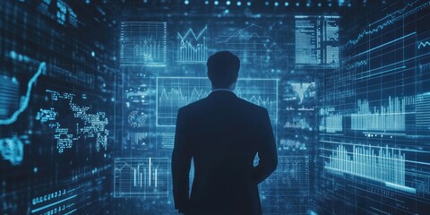 Fototapete - Big data analytics and business intelligence concept with chart and graph icons on a digital screen interface and a businessman in background