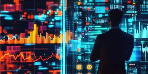 Fototapete - Big data analytics and business intelligence concept with chart and graph icons on a digital screen interface and a businessman in background