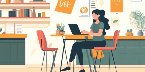 Aufkleber - social media online content, freelance worker, working online, content creator, woman using laptop, woman reading blog online on computer at coffee shop