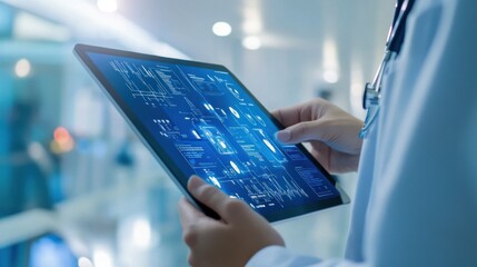 A healthcare professional is holding a tablet displaying advanced medical software with futuristic blue graphics, possibly reviewing patient data or medical records.