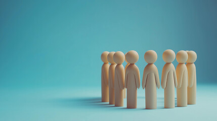 A group of wooden figurines standing in line against a blue background, a business team concept with space for text and design