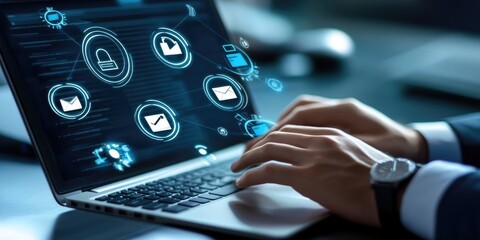Poster - Contact us or Customer support hotline people connect. Businessman using a laptop and touching on virtual screen contact icons ( email, address, live chat, internet wifi