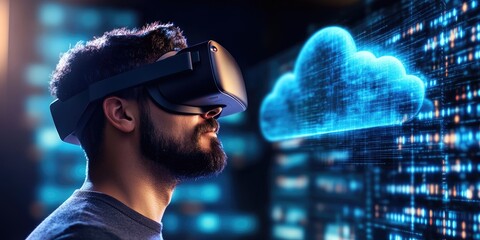Aufkleber - man wearing VR glasses and accessing the Cloud Computing Technology Internet Storage Network Concept And a large database big data Through internet technology