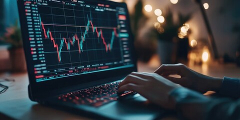 planning and strategy, Stock market, trader or investor working at home. Technical price graph and indicator, red and green candlestick chart and stock trading computer s