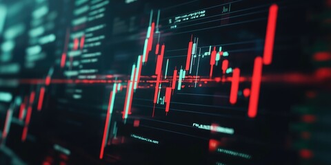 Poster - planning and strategy, Stock market, trader or investor working at home. Technical price graph and indicator, red and green candlestick chart and stock trading computer s