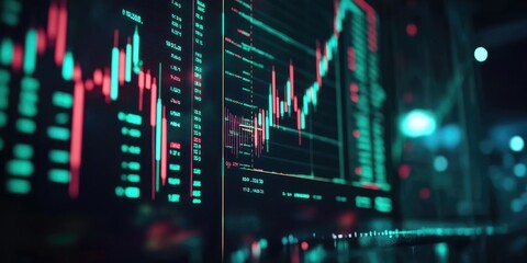 Poster - planning and strategy, Stock market, trader or investor working at home. Technical price graph and indicator, red and green candlestick chart and stock trading computer s