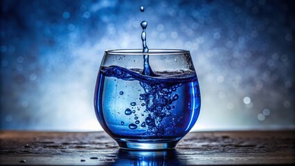 A close-up of an indigo-colored glass vase filled with water that is slowly dripping from the stem, floral still life, glass vase