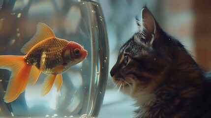 Wall Mural - A goldfish and a cat observing each other through glass