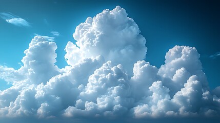 a dramatic sky with large, fluffy white clouds against a bright blue background.