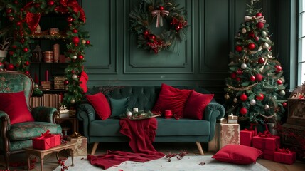 Classy luxury Christmas decorated living room in dark green and red colors. Interior of traditional and authentic holiday season