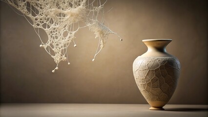 Wall Mural - A delicate, lace-like pattern of ivory-colored fibers is gently flowing downwards from a cracked, worn-out vase, suspended in mid-air, fibers, worn