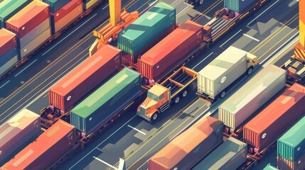 Aufkleber - Containers are being transferred from trucks to trains in a busy logistics center, showcasing efficient transportation methods. Generative AI
