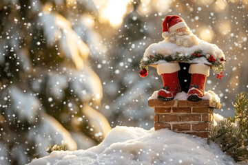 Wall Mural - Santa Claus scaling chimney with bag of presents. Snow-covered roof with starry winter night sky background.