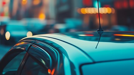 Poster - Close-up of a car roof with blurred city lights in the background.