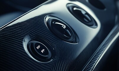 Poster - Close-up of a car's interior control panel with buttons and a carbon fiber finish.