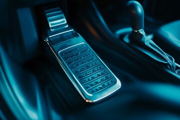 Poster - Close-up of a metallic car pedal in a vehicle's interior, showcasing design and functionality.