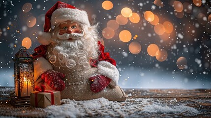 Santa Claus Toy with Bag of Gifts on Wooden Background with Snow - a festive and charming visual. The santa claus toy on the wooden background with snow and a bag of gifts creates an enchanting and de