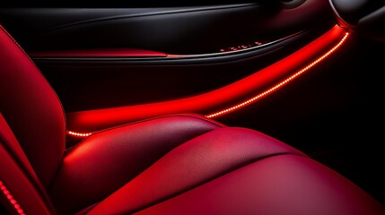 Poster - A close-up of a luxurious car interior with red ambient lighting.