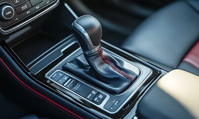Poster - Close-up of a car's gear shift and control panel, showcasing modern automotive design.